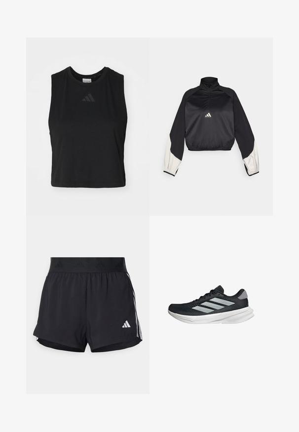 Černý sportovní pulover s vysokým límcem a půlzipem. Má bílé akcentované rukávy a elastické zakončení. Logo umístěné na středu hrudi. Hladká textura.; Černý zkrácený top bez rukávů vyrobený z jemného materiálu, s kulatým výstřihem a diskrétním raženým logem na hrudi.; Černé sportovní šortky s elastickým pasem, s texturovaným páskem, bočními pruhy a bílým logem Adidas na dolním lemu.; Černé běžecké boty s vrchní částí z prodyšné síťoviny, třemi stříbrnými pruhy, bílou mezipodešví a texturovanou podešví. Obsahují polstrovaný límec a šněrování.