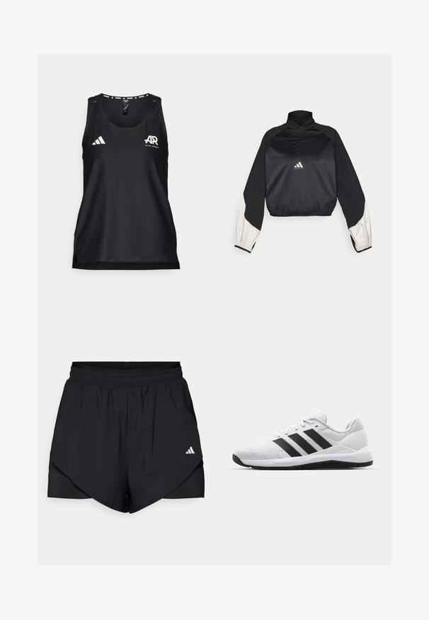 Must mustamet spordipullover kõrge kaeluse ja pool-äkkuga. Omab valge aktsendiga varrukaid ja elastset hemmi. Logo asub rinna keskel. Sile tekstuur.; Must mustrikoane mustel aine gaasiabi. Omab ümarat kaela ja regulaarset lõiget, ette on trükitud valge Adidas logo.; Mustad mustad lühikesed püksid kihilise disainiga, valmistatud kergest kangast. Omavad elastset taljeosa ja väikest valget logo külgedel.; Valged spordijalatsid, mis on valmistatud hingavast võrgust, mustade kolme riba aktsentidega, tekstureeritud kanna ja kummist tallaga, mis tagab haarde.