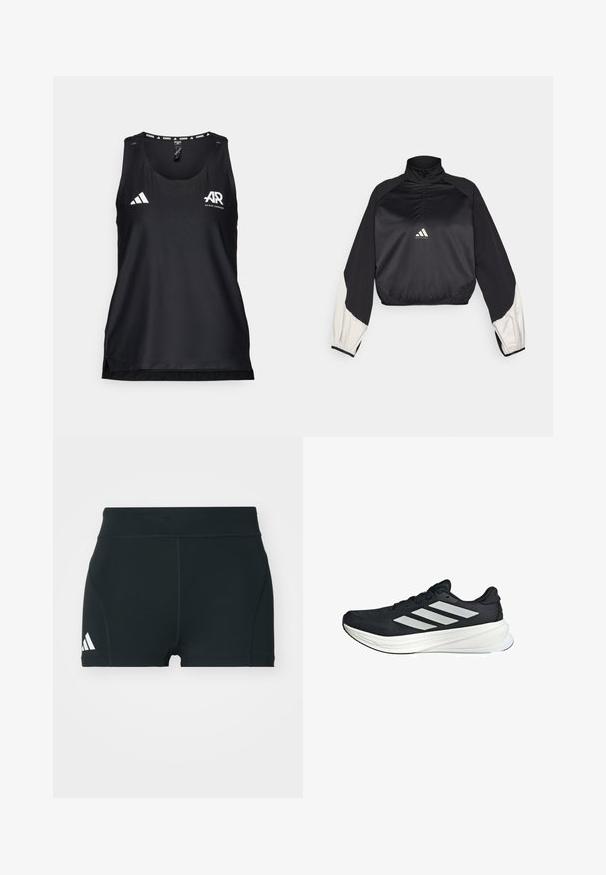 Sudadera deportiva negra con cuello alto y media cremallera. Presenta mangas con acentos en blanco y dobladillo elástico. Logotipo ubicado en el centro del pecho. Textura suave.; Camiseta deportiva negra sin mangas fabricada con tejido transpirable. Presenta un escote redondo, un ajuste regular y el logo blanco de Adidas en la parte delantera.; Pantalones cortos deportivos negros de tela elástica, con una cintura alta, forma ajustada y logo blanco de Adidas en el lado izquierdo.; Zapatilla deportiva negra con un upper texturizado, que presenta tres stripes blancas en el lateral y una media suela blanca. Diseño ligero y forma aerodinámica.