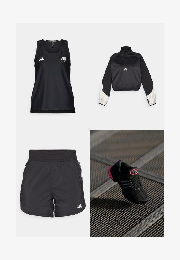 Črn športni pulover z visokim ovratnikom in polovičnim zapenjanjem. Ima bele akcentne rokave in elastičen rob. Logotip je nameščen na sredini prsnega dela. Gladka tekstura.; Črn atletski top brez rokavov, izdelan iz zračnega materiala. Ima okroglo izrezovanje, običajen kroj in belo Adidasovo logo na sprednji strani.; Črne atletske kratke hlače z elastičnim pasom, stranskimi žepi in belimi črtami na straneh. Narejene iz lahkega materiala.; Črne atletske čevlje z mrežasto zgornjšo plastjo, rožnate akcenti in črne črtaste podrobnosti. Imajo teksturiran podplat in oznako z logotipom na peti.