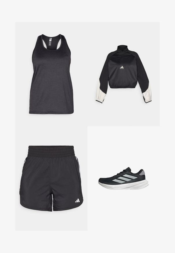 Černý sportovní pulover s vysokým límcem a půlzipem. Má bílé akcentované rukávy a elastické zakončení. Logo umístěné na středu hrudi. Hladká textura.; ONLY Play ONPCORE LIFE ON - Top - black; Černé sportovní šortky s elastickým pasem, bočními kapsami a bílými pruhy po stranách. Vyrobené z lehkého materiálu.; Černé běžecké boty s vrchní částí z prodyšné síťoviny, třemi stříbrnými pruhy, bílou mezipodešví a texturovanou podešví. Obsahují polstrovaný límec a šněrování.