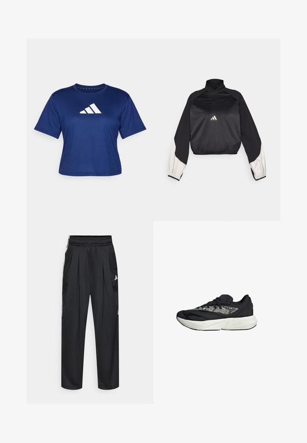 Čierny športový pulóver s vysokým golierom a polovičným zipsom. Obsahuje biele akcentové rukávy a elastický lem. Logo umiestnené na strede hrude. Hladká textúra.; Námornícke modré športové tričko vyrobené z ľahkého materiálu, s krátkymi rukávmi a bielym logom so tromi diagonálnymi pruhmi na prednej strane.; Čierne športové nohavice s prekladanými záhybmi, elastickým pásom a bočnými pruhmi. Vyrábané z hladkej látky, s logom Adidas v bielej farbe.; Čierne a šedé tenisky s textúrovaným pleteným zvrškom, bielou medzipodrážkou s označením "LIGHTSTRIKE" a zaobleným dizajnom špičky.