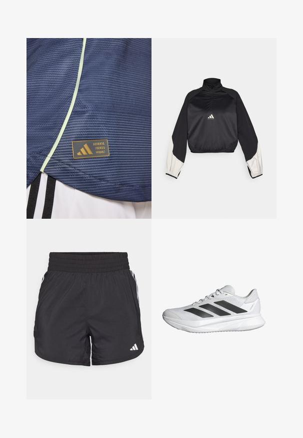 Sort sportslig pullover med høj hals og halv lynlås. Har hvide accentærmer og elastisk kant. Logo placeret på brystet. Glat tekstur.; Marineblå atletisk skjorte med tekstureret mønster, accentueret af lysegrøn kantning og et Adidas licensproduktmærke med et gyldent logo.; Sorte atletiske shorts med elastisk talje, sidelommer og hvid stribeaccent på siderne. Fremstillet af letvægtsmateriale.; Hvid atletiksko med en åndbar mesh-overdel, tre sorte striber, letvægts sål og teksturerede detaljer på hælen for støtte.