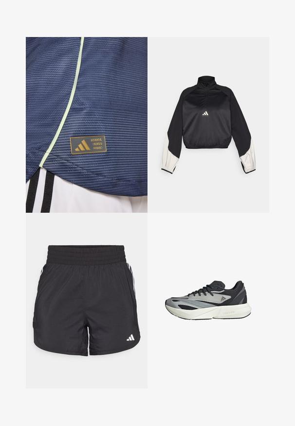 Czarny sportowy pulower z wysokim kołnierzem i półzapięciem. Posiada białe akcenty na rękawach i elastyczny dół. Logo umieszczone na środku klatki piersiowej. Gładka faktura.; Granatowa koszulka sportowa z teksturowanym wzorem, zdobiona jas greenowymi lamówkami oraz metką produktu licencjonowanego przez Adidas z złotym logo.; Czarne spodenki sportowe z elastycznym paskiem w talii, bocznymi kieszeniami oraz białymi akcentami wzdłuż boków. Wykonane z lekkiego materiału.; Buty do biegania z szaro-czarną siateczką, geometrycznymi nakładkami, grubą białą podeszwą oraz teksturowanymi akcentami. Logo "LIGHTSTRIKE" widoczne.