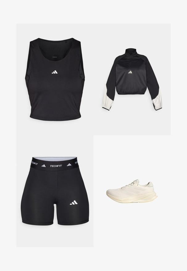 Pulover sport negru cu guler înalt și fermoar pe jumătate. Are mâneci cu accent alb și tiv elasticizat. Logo situat în centrul pieptului. Textură netedă.; Top sport negru, dintr-un material evaporant, cu guler rotund, fără mâneci, și logo alb pe piept.; Scurturi negre dintr-un material elastic, cu un design ajustat. Dispun de un brâu lat negru, inscripționat cu "TECHFIT" și un logo alb pe picior.; Pantof de sport bej deschis, cu un superior din plasă, șireturi plate și o talpă amortizată. Are un design cu trei dungi pe partea laterală.