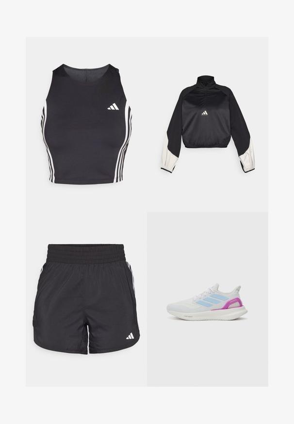 Svart sportsgenser med høy hals og halv glidelås. Har hvite aksentermuffer og elastisk nederkant. Logo plassert på midten av brystet. Glatt tekstur.; Svartid atletisk crop-top laget av stretchy materiale, med hvite sidestiper og en Adidas-logo på venstre bryst.; Svarte treningsshorts med elastisk midje, sidelommer og hvite stripeaksenter på sidene. Laget av lett materiale.; adidas Performance PUREBOOST 5 - Løpesko for vei - white/glow blue/purple burst