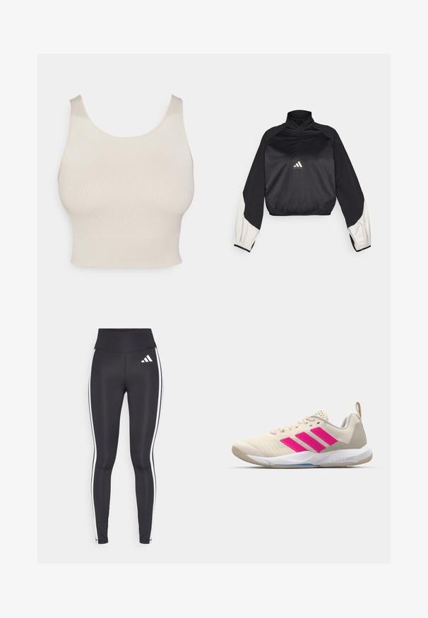 Zwart sportpullover met hoge kraag en halve rits. Voorzien van witte accenten op de mouwen en een elastische zoom. Logo geplaatst op het midden van de borst. Soepele textuur.; Beige geribbelde crop top met brede bandjes, een ronde halslijn en een aansluitende taille. De textuur is glad, van een rekbare, lichte stof.; Zwarte legging met hoge taille, voorzien van witte zijkanten en een klein wit logo op de linkerbovenbeen. Gemaakt van een gladde, rekbare stof.; Beige sportshoe met een roze drie-strepen logo, een textuur-mesh bovenkant, een gevoerde kraag en een witte rubberen zool, met "LIGHTSTRIKE" branding.