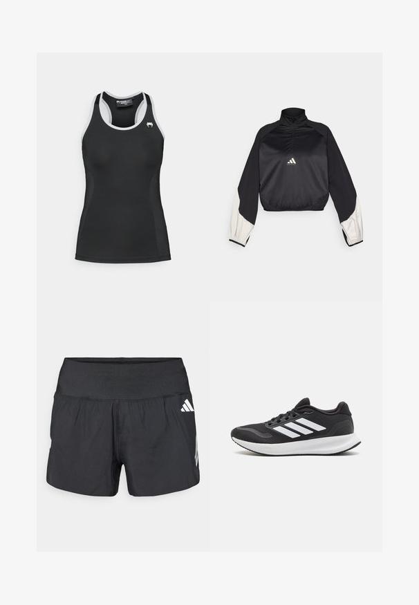 Musta urheilupusero, jossa on korkea kaulus ja puolivetoketju. Ominaisuuksiin kuuluvat valkoiset korostus hihat ja elastinen helma. Logo sijaitsee rintakeskellä. Suloinen rakenne.; Musta urheilullinen tank top, jossa on valkoiset yksityiskohdat, racerback-sovitus, sileä pinta, tiukka muoto ja pieni valkoinen logo rinnassa.; Musta urheilushortsit, joissa on leveä joustava vyötärönauha, kevyt kangas ja valkoiset logokoristeet alaosassa sivulla.; Musta urheilujalkine, jossa on verkkokangasyläosa, pyöreä kärki ja kolme valkoista raitaa sivussa. Kevyt pohja, jossa on teksturoitu kumipohja pitoa varten.