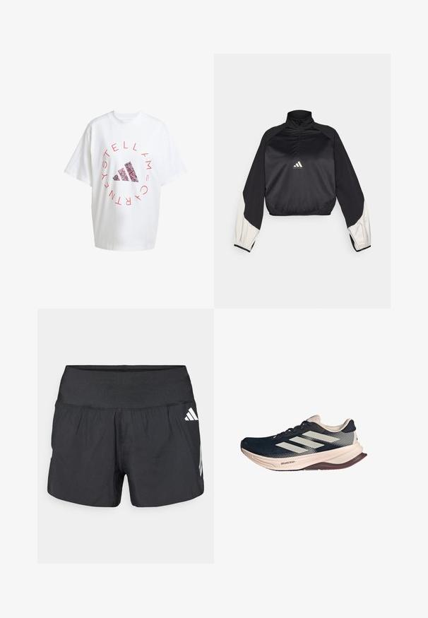 Musta urheilupusero, jossa on korkea kaulus ja puolivetoketju. Ominaisuuksiin kuuluvat valkoiset korostus hihat ja elastinen helma. Logo sijaitsee rintakeskellä. Suloinen rakenne.; Yli suuri valkoinen puuvillat-paita, jossa on punainen pyöreä teksti ja monivärinen Adidas-logo keskellä. Lyhyet hihat ja pyöreä kaula-aukko.; Musta urheilushortsit, joissa on leveä joustava vyötärönauha, kevyt kangas ja valkoiset logokoristeet alaosassa sivulla.; Juoksukengät tummansinisellä verkkopäällisin, vaaleanbeige pohja ja valkoinen kolmonauha design. Ominaisuuksina viehättävä, aerodynaaminen muoto ja teksturoitu yksityiskohta.
