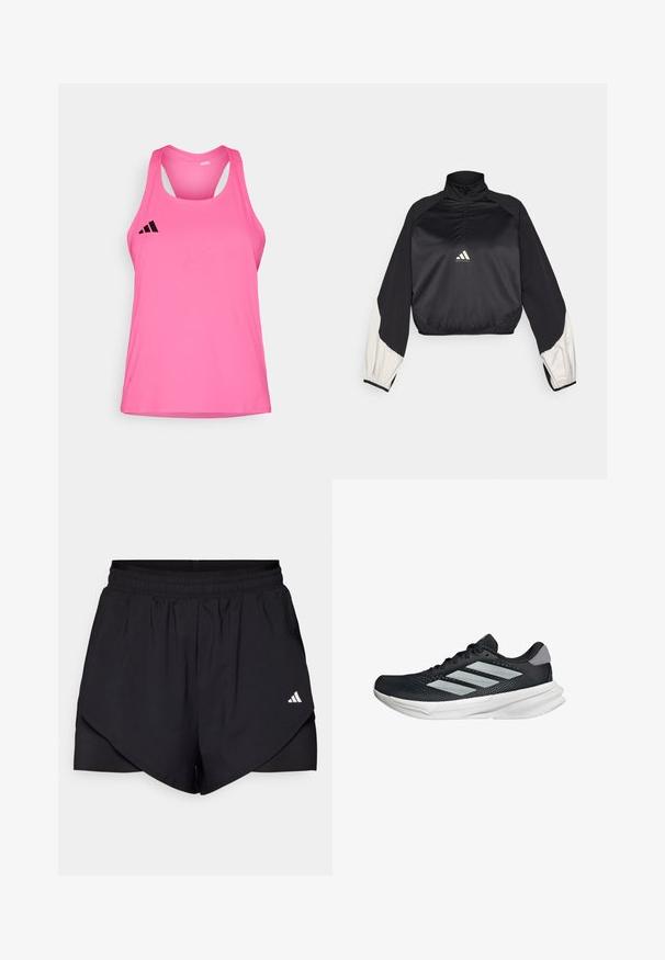 Sort sportslig pullover med høj hals og halv lynlås. Har hvide accentærmer og elastisk kant. Logo placeret på brystet. Glat tekstur.; Letvægts pink trænings tanktop med rund halsudskæring, racerback-design og sort logo på venstre øverste side. Glat tekstur.; Sorte sportsshorts med et lagdelt design, lavet af letvægtsstof. Har en elastisk talje og et lille hvidt logo på siden.; Sort løbesko med mesh-overdel, tre sølvstriber, hvid mellemsål og struktureret ydersål. Har polstret krave og snørelukning.