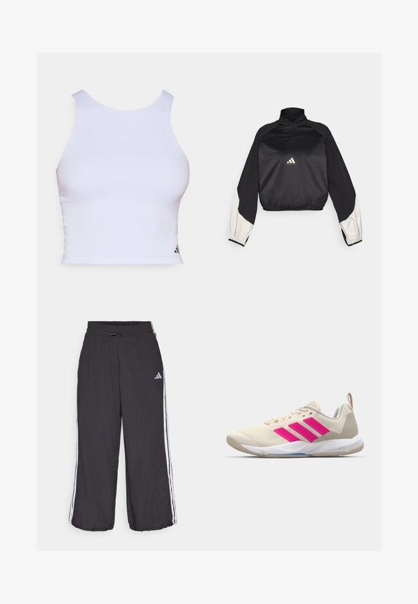 Crni sportski pulover s visokim ovratnikom i polu zatvaračem. Ima bijele akcentirane rukave i elastičnu donju rub. Logo se nalazi u središnjem delu grudi. Glatka tekstura.; Bijela sportska kratka majica od glatkog materijala, s okruglim izrezom, bez rukava i malim crnim logotipom u donjem kutu.; Crne trenirke s elastičnim pojasom, s bijelim bočnim trakama i diskretnim brendom na gornjoj lijevoj nozi. Lagani materijal.; Bež sportska cipela s ružičastim logotipom u obliku tri pruge, gornjište od teksturirane mrežice, podstavljeni ovratnik i bijela gumena đon, s "LIGHTSTRIKE" brendom.