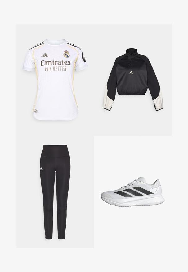 Černý sportovní pulover s vysokým límcem a půlzipem. Má bílé akcentované rukávy a elastické zakončení. Logo umístěné na středu hrudi. Hladká textura.; Bílý fotbalový dres s černými a žlutými akcenty, s kulatým výstřihem, krátkými rukávy a logem Real Madrid na hrudi.; Černé legíny s vysokým pasem vyrobené z elastického materiálu. Na levé straně mají bílé logo a elegantní, bezešvou konstrukci. Hladká textura.; Bílé sportovní boty s prodyšným síťovaným svrškem, třemi černými pruhy, lehkou podrážkou a texturovanými detaily na patě pro oporu.
