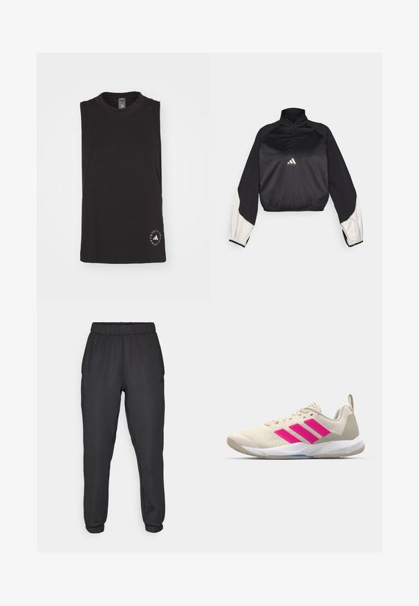 Must mustamet spordipullover kõrge kaeluse ja pool-äkkuga. Omab valge aktsendiga varrukaid ja elastset hemmi. Logo asub rinna keskel. Sile tekstuur.; Must mustata särgm, mis on valmistatud pehmest puuvillast, omab klassikalist kaelust ja ümmargust valget logo paremas alanurgas.; Mustad mustad spordipüksid elastse vöökoha ja varrukatega. Sile tekstuur, külgedel logo ja kitsenev lõige.; Beige spordijalanõud roosa kolme triibu logoga, tekstureeritud võrkkangas peal, polsterdatud sääreosa ja valge kummist tallaga, kus on "LIGHTSTRIKE" bränd.