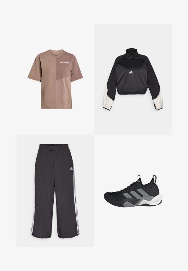 Svart sportströja med hög krage och halv dragkedja. Har vita accentärmar och resår i nederkanten. Logotypen är placerad i mitten av bröstet. Slät textur.; Brun kortärmad T-shirt med rundad halsringning, med en diagonal texturkontrast och "TERREX"-logotyp i vitt på bröstet.; Svarta träningsbyxor med elastisk midja, med vita sidostrecken och subtil branding på övre vänstra benet. Lättviktig material.; Svart löparskor med ett ventilerande nätöverdela, grå accenter, strukturerad sula och tre distinkta ränder på sidan.