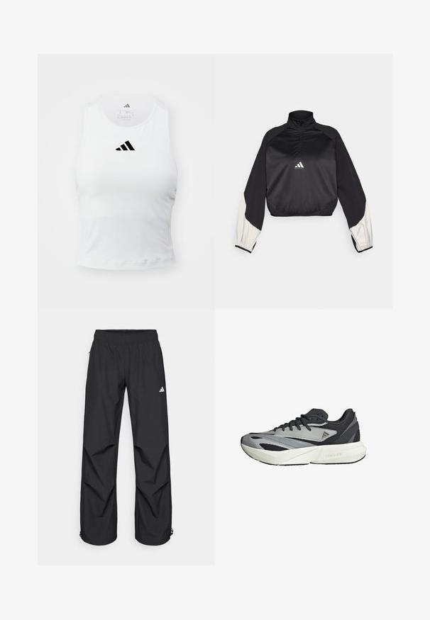 Sort sportslig pullover med høj hals og halv lynlås. Har hvide accentærmer og elastisk kant. Logo placeret på brystet. Glat tekstur.; Hvid atletisk tanktop med en tætsiddende design, der har et sort Adidas-logo centreret på brystet og blødt, fugttransporterende stof.; Sorte, letvægts, vandtætte bukser med elastisk talje, sidelommer og justerbare manchetter. Har et hvidt logo på venstre lår.; Løbesko med et grått og sort mesh-overtøj, geometriske overlays, en tykk hvid sål og teksturerede detaljer. "LIGHTSTRIKE" branding synlig.