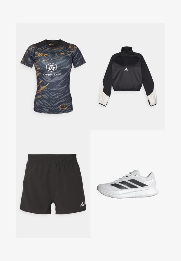 Sudadera deportiva negra con cuello alto y media cremallera. Presenta mangas con acentos en blanco y dobladillo elástico. Logotipo ubicado en el centro del pecho. Textura suave.; Camisa atlética de la UFC en negro y gris con un patrón geométrico, detalles en naranja, mangas cortas y cuello redondo. Logo impreso en el frontal.; Pantalones cortos deportivos negros de tejido ligero. Cuentan con una cinturilla elástica, un bolsillo lateral con cremallera y un logotipo reflectante en el dobladillo.; Zapato deportivo blanco con parte superior de malla transpirable, tres franjas negras, suela ligera y acentos texturizados en el talón para mayor soporte.