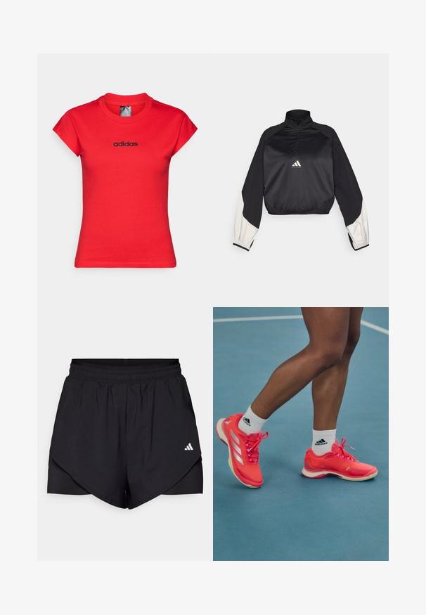 Melna sporta jaka ar augstu apkakli un puspievilcēju. Iezīmētas baltas akcentu piedurknes un elastīga apakšmalā. Logo atrodas krūšu centra daļā. Gluda tekstūra.; Sarkans pieguļošs T-krekls no kokvilnas ar sarullētām īsajām piedurknēm un melnu "adidas" logotipu uz krūtīm. Gluda tekstūra un apaļa izgriezne.; Melnas sporta šortus ar slāņotu dizainu, izgatavoti no viegla auduma. Ievērojama elastīga josta un neliels balts logo sānos.; Spilgti rozā sporta apavi ar baltām akcentiem un auklām, ar gludu virsmu un gumijas zoli, nēsāti ar baltām Adidas zeķēm.