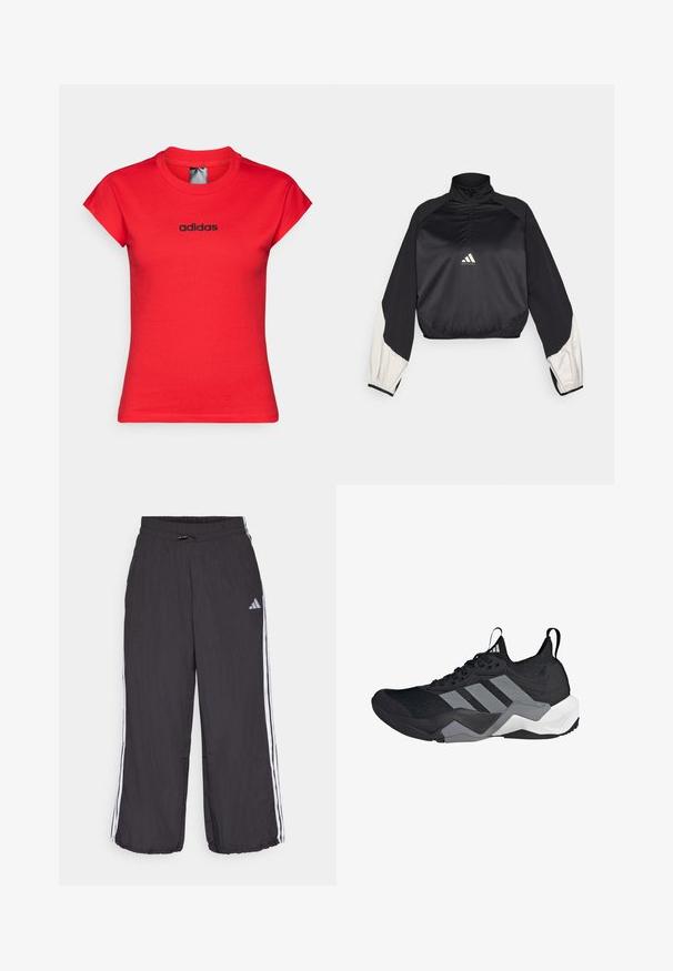 Pullover desportivo preto com gola alta e fecho de meio zip. Apresenta mangas com detalhes brancos e bainha elástica. Logotipo localizado no centro do peito. Textura suave.; T-shirt vermelha ajustada feita de algodão com mangas curtas enroladas e um logótipo preto da "adidas" no peito. Textura suave e decote redondo.; Calças de treino pretas com um cós elástico, apresentando riscas brancas nas laterais e uma marca discreta na parte superior da perna esquerda. Material leve.; Shoe atlético preto com um cabedal de malha respirável, detalhes em cinza, sola texturizada e três riscas distintas de lado.