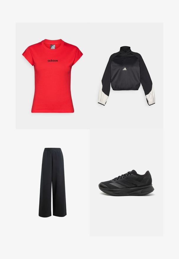 Black sports pullover with high neck and half zip. Features white accent sleeves and elasticized hem. Logo located at chest center. Smooth texture.; Red fitted t-shirt made of cotton with rolled short sleeves and a black "adidas" logo on the chest. Smooth texture and round neckline.; Black wide-leg trousers with an elastic waistband, made from a smooth fabric. Features a relaxed fit with no visible pockets or patterns.; Black running shoe with a breathable mesh upper, rounded toe, sleek design, textured accents, and a cushioned sole for comfort.