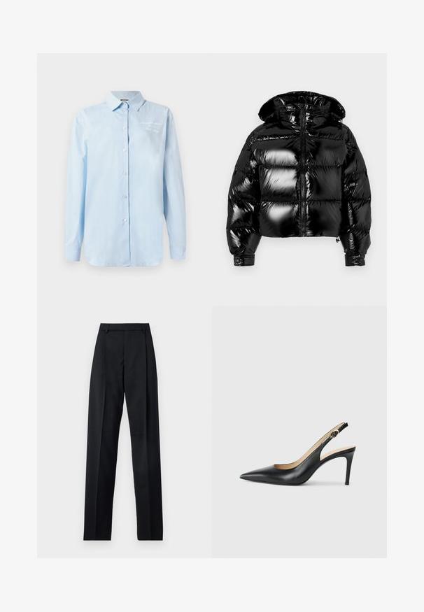 Black puffy jacket with a glossy finish, cropped design, zip closure, and hood. Features stitched sections for padding and elastic cuffs.; Light blue button-up shirt made of cotton. Features a classic collar, long sleeves, and embroidered detail on the upper left.; Black trousers made from smooth fabric featuring a high waist, wide legs, front pleats, and classic belt loops. No side pockets visible.; Black leather slingback high heels with a pointed toe, adjustable strap, and a sleek stiletto heel, featuring a smooth finish.