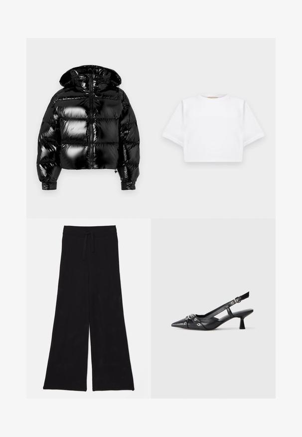 Fekete, fényes befejezésű, puffos dzseki, cropped fazonnal, cipzáros záródással és kapucnival. Stéph szegmensek a párnázásért és rugalmas mandzsetta.; Rövid ujjú, puha anyagból készült, vágott fehér póló, kör alakú nyakkivágással és bordázott alsó résszel. Egyszerű és díszítetlen kialakítás.; Fekete, bő szárú nadrág hálós anyagból, húzózsinórral a deréknál. A textúra légáteresztő és könnyű, alkalmas hétköznapi viseletre.; Fekete bőr slingback cipő hegyes orral, dekoratív pántokkal, fém szemekkel és alacsony blokk sarkú. Texturált felület.