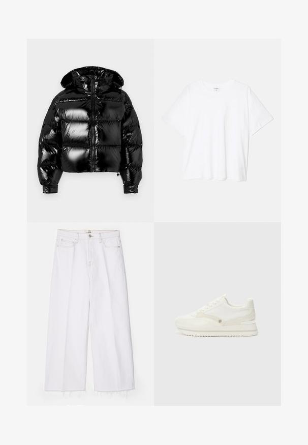 Chaqueta puffy negra con un acabado brillante, diseño cortado, cierre con cremallera y capucha. Presenta secciones cosidas para el acolchado y puños elásticos.; Camiseta de algodón blanca con mangas cortas, escote redondo, corte relajado y dobladillo cosido. Etiqueta visible en el interior del cuello.; FRAME LE JANE WIDE CROP RAW FRAY - Vaqueros boyfriend - au natural clean; Zapatillas blancas con una combinación de materiales lisos y texturizados, que cuentan con un logo sutil, diseño de cordones y suela en zigzag.