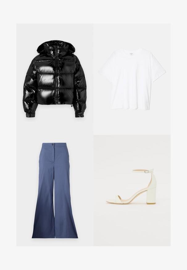 Črna napihnjena jakna z sijajno površino, skrajšanega dizajna, z zadrgo in kapuco. Ima šivane odseke za oblazinjenje in elastične manšete.; Bela bombažna majica s kratkimi rokavi, okroglim izrezom, sproščenim krojem in šivanim robom. Oznaka vidna na notranji strani izreza.; Mornarsko modre hlače širokega kroja iz gladkega materiala, z zaponko na sprednji strani in čistimi linijami, z dobro prilegajočim krojem.; Bela usnjena sandala z blok peto, ki ima zanko okoli gležnja s sponko in minimalističen dizajn. Odkrit prst in gladke teksture po vsej površini.