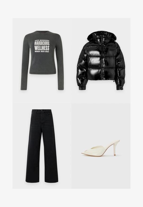 Must küll kehaga jack, millel on läikiv viimistlus, lühike disain, lukuga sulgemine ja kapuuts. Omab õmmeldud osi täidise jaoks ja elastseid mansette.; Tumehall pikkade varrukatega särk, mille ees on keskelt kirjutatud valgete tähtedega "032C Workshop Hardcore Wellness Berlin 2025-2032".; Mustad kõrge vöökohaga laiad püksid, millel on esine nupp, lukk, vöökohapaanid ja klassikaline viie taskuga stiil.; Valged patendiga avatud varbaga moolid terava disainiga, kitsas kõrge konts ja siledat tekstuuri; minimalistlik stiil koos peente õmbluste detailidega.