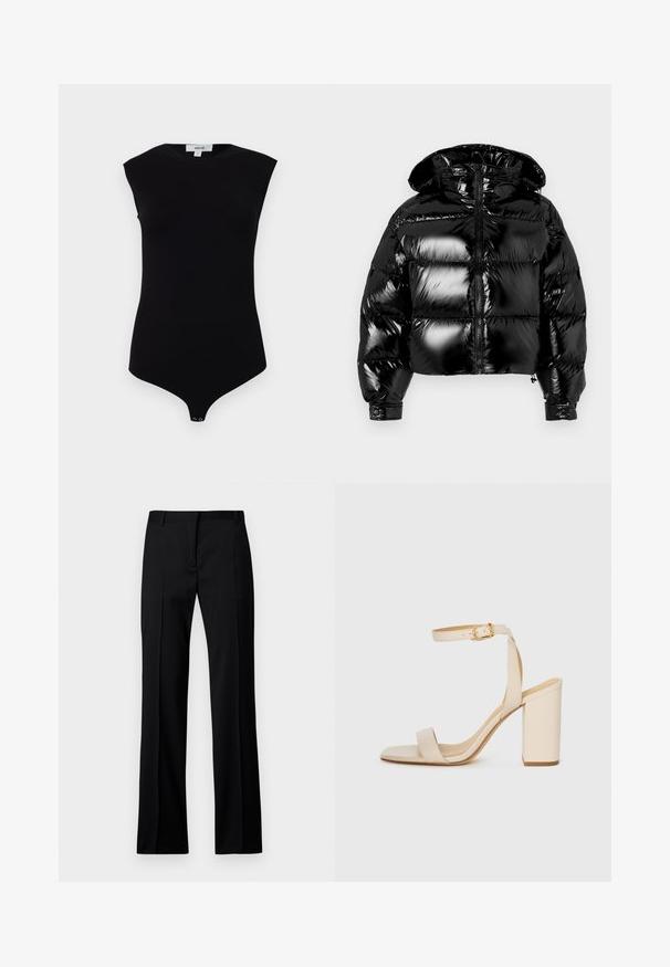 Juodas pūkuotas paltas su blizgiu paviršiumi, trumpa konstrukcija, užtrauktukas ir gobtuvas. Yra siuvinėti padedami skyriukai ir elastiniai manžetai.; Juodas be rankovių bodis su aukštu apykakle, minkšta medžiaga ir spaudžiamu užsegimu apačioje. Lygus paviršius ir aptemptas dizainas.; Juodi tiesūs kelnės iš lygios medžiagos, su lygiu priekiu, dirželių kilpelėmis ir be matomų kišenių ar puošybos elementų.; Bežinės aukštakulnės šlepetės su kvadratiniu носu, plona kulkšnies juosta ir blokiniu kulnu. Lygus odos tekstūra su aukso sagte.