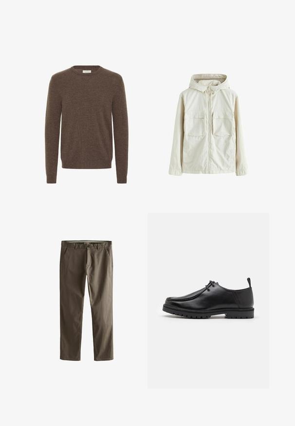 Svetlo bež jopič z zadrgo in kapuco, ki ima dva sprednja žepa, teksturiran material in elastične manšete za oprijet fit.; Rjav pleten pulover s okroglim izrezom, dolgimi rokavi in mehkobo. Preprost dizajn brez vidnih vzorcev ali dodatkov.; Bakerjska rjava bombažna chinos hlače s ravnim krojem, sprednjimi žepi in gumbom za zapiranje. Imajo gladko teksturo in čiste linije.; Črne usnjene čevlje na vezanje z robustnim podplatom in zanko na peti, prikazani s strani na beli podlagi.