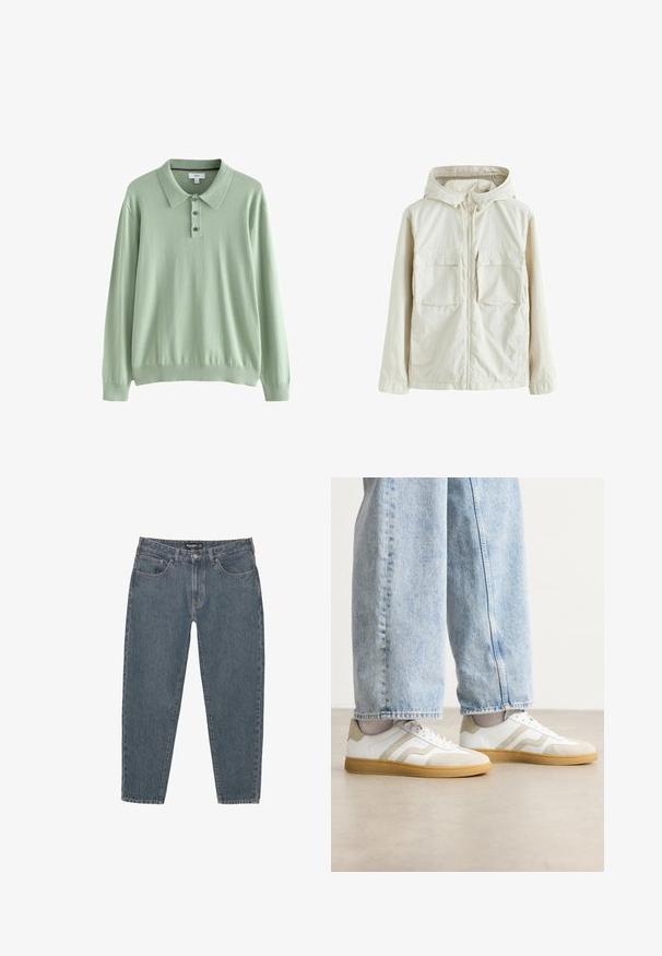 Light beige zip-up jacket with a hood, featuring two front pockets, a textured fabric, and elastic cuffs for a snug fit.; Light green long-sleeve polo sweater made of soft fabric. Features a collared neck and three-button placket. Ribbed cuffs and hem.; Dark blue denim jeans with a relaxed fit, five-pocket design, button closure, and slightly frayed hem. Durable material with subtle texture.; White sneakers with beige suede accents and light rubber soles; features a low-top design and textured detailing on the upper.