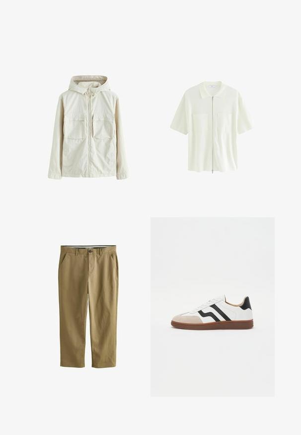 Svetlo béžová bunda na zips s kapucňou, ktorá má dva predné vrecká, textúrovanú látku a elastické manžety pre príjemné nosenie.; Krátky rukáv, biele zipsové tričko vyrobené z textúrovanej tkaniny, s golierom a dvoma prednými vreckami so štvorcovými chlopňami.; Khaki chinos vyrobené z bavlneného zmesi, s dvoma bočnými vreckami, zapínaním na gombík, rovnými nohavicami a hladkou textúrou.; Biele tenisky s čiernymi pruhmi, semišovou špičkou a hnedou gumovou podrážkou. Hladká kožená vrchná časť s zaobleným dizajnom.