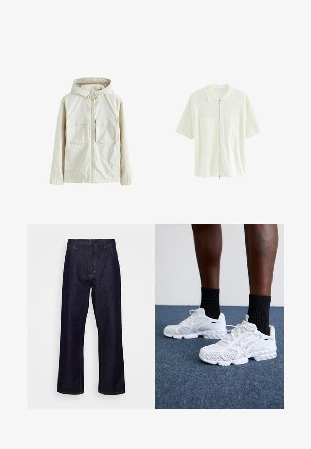 Vaaleanbeige vetoketjullinen takki hupulla, jossa on kaksi etutaskua, teksturoitu kangas ja joustavat hihansuut tiivistä istuvuutta varten.; Hihaton, valkoinen vetoketjupaita, joka on valmistettu tekstuurista kankaasta. Paidassa on kauluksellinen kaula-aukko ja kaksi etutaskua, joissa on neliönmuotoiset läpät.; Tummansiniset suorat farkut etutaskuilla, vyölenkeillä, vetoketjulla ja nappisuljennalla, esiteltyinä yksinkertaista valkoista taustaa vasten.; Valkoiset urheilukengät, joissa on verkkomateriaali, teksturoidut yksityiskohdat ja pehmeä pohja. Yhdistetty mustiin ribbikuvioisiin nilkkasukkiin sinisellä matolla.