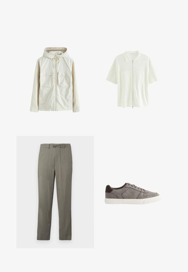 Világos bézs kapucnis, cipzáros dzseki, két elülső zsebbel, texturált anyagból készült, és elasztikus mandzsettákkal a kényelmes illeszkedés érdekében.; Rövid ujjú, fehér cipzáras ing, amely texturált anyagból készült, galléros nyakkal és két első zsebével, négyzet alakú fedéllel.; Férfi világosszürke, vászon keverék nadrág, húzózsinórral a deréknál, egyenes lábakkal és finom textúrával; standard zsebekkel rendelkezik, és nincsenek észlelhető minták.; Szürke velúr sneaker fehér gumitalppal. Jellemzője a kerek orr, hat fűzőlyuk a cipőfűzők számára, valamint egy letisztult design, látható logók nélkül.