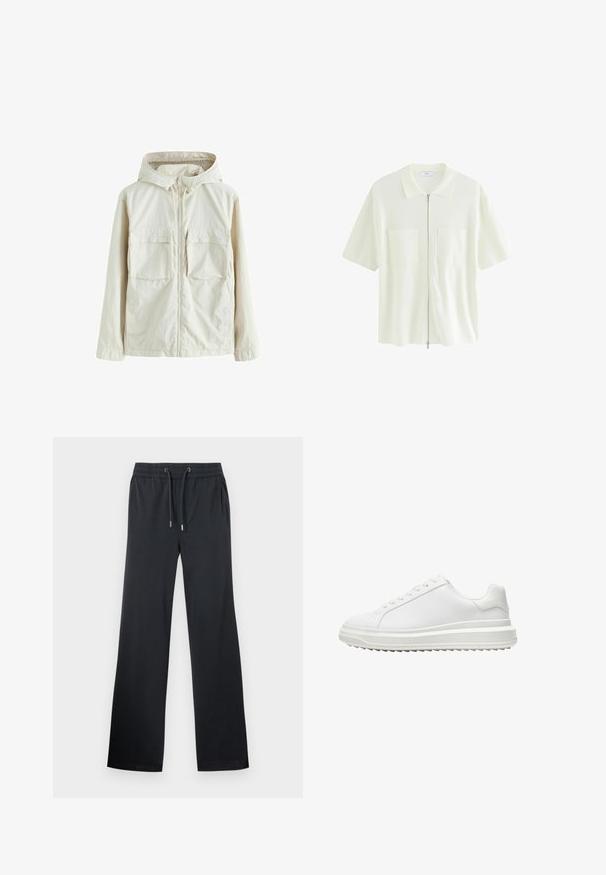 Světle béžová zipová bunda s kapucí, která má dvě přední kapsy, texturovanou látku a elastické manžety pro pohodlné nošení.; Krátký rukáv, bílá zipová košile z texturované látky, s límečkem a dvěma předními kapsami se čtvercovými klapkami.; Černé široké kalhoty vyrobené z měkké tkaniny. Mají elastický pás s šňůrkou a jemným leskem. Bez viditelných vzorů nebo akcentů.; Bílé tenisky s hladkým syntetickým svrškem, kulatou špičkou, plochými tkaničkami, texturovanou podrážkou a vrstveným designem platformy pro zvýšení výšky.