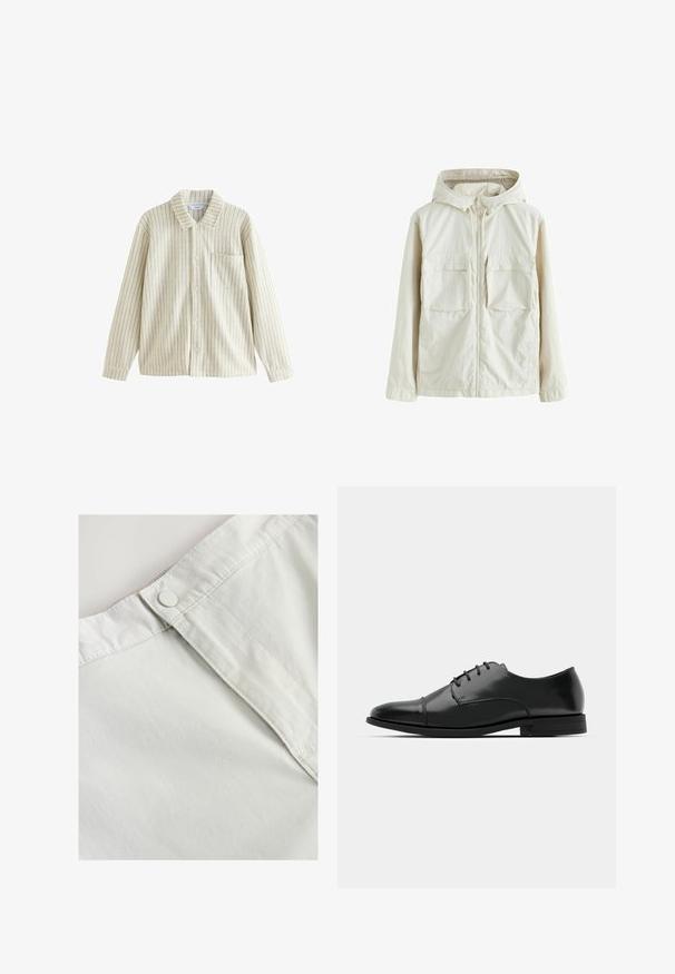 Lichtbeige ritsjack met capuchon, voorzien van twee voorkruiszakken, een gestructureerde stof en elastische manchetten voor een snug fit.; Gestreept button-up shirt in crème en beige, met een kraag, lange mouwen, een borstzak en een textuur met verticale lijnen.; Witte katoen stof met een knoopsluiting op de taille, met subtiele textuur en gestikte details langs de naden.; Zwarte leren dresschoenen met een ronde neus, vetersluiting, subtiele stiksels en een lage hak. Glad oppervlak met gepolijste afwerking.