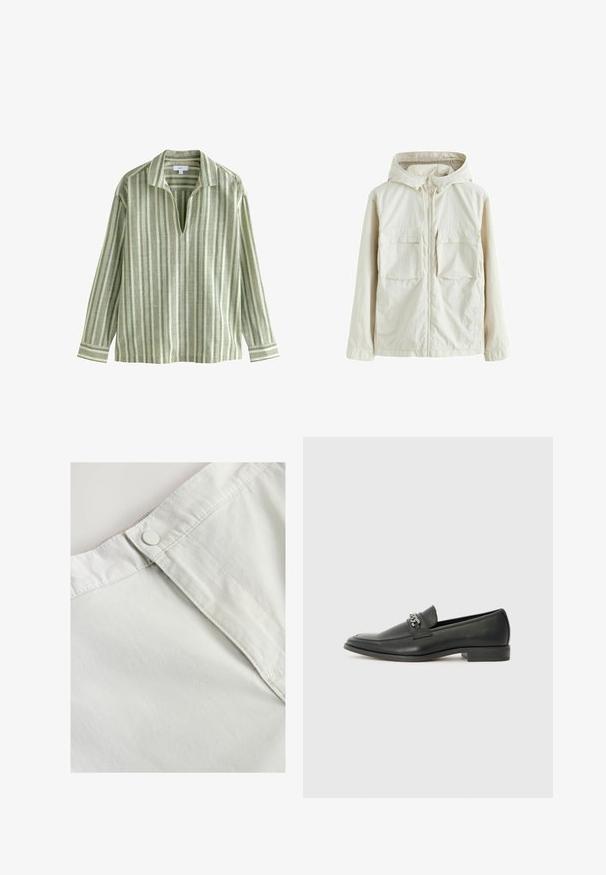 Vaaleanbeige vetoketjullinen takki hupulla, jossa on kaksi etutaskua, teksturoitu kangas ja joustavat hihansuut tiivistä istuvuutta varten.; Vihreä raidallinen pitkähihaisena paita, jossa on kaulus, pystysuuntaisia raitoja vaihtelevissa vihreän ja kermankeltaisen sävyissä sekä V-mallinen kaula-aukko.; Valkoinen puuvillakangas, jossa on nappikiinnitys vyötäröllä, ja siinä on hienoinen rakenne sekä ommellut yksityiskohdat saumoissa.; Musta nahkakengät, joissa on sileä pinta, koristeelliset ompeleet ja metalliketjun yksityiskohta kengän päällä. Littee korko.