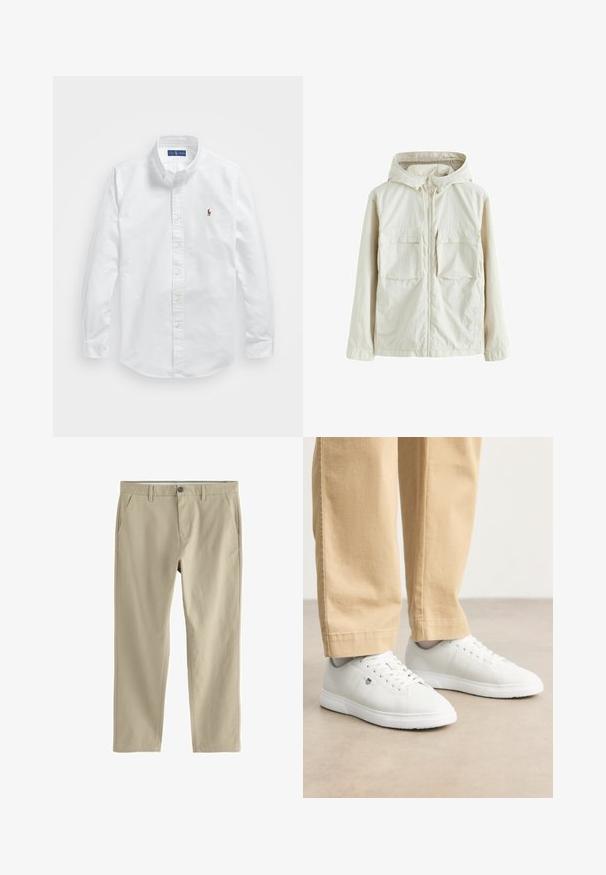 Vaaleanbeige vetoketjullinen takki hupulla, jossa on kaksi etutaskua, teksturoitu kangas ja joustavat hihansuut tiivistä istuvuutta varten.; Valkoinen puuvillainen nappikauluspaita, jossa on perinteinen kaulus, pitkät hihat ja pieni brodeerattu logo vasemmalla rinnassa.; Beiget suoralahkeiset housut, joissa vyölenkit, kaksi sivutaskua, edessä nappi ja vetoketjusuljenta.; Valkoiset nahkakengät, joissa on sileä pinta, pyöreä kärki, nauhakiinnitys ja hienovarainen logoyksityiskohta sivussa, yhdistettynä beigeihin housuihin.