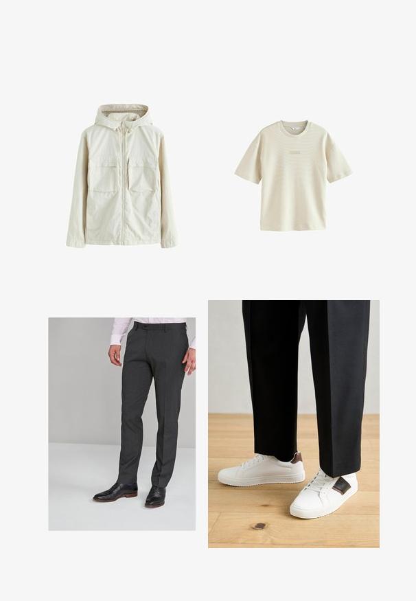 Helebeež žip-kraevi jakk, millel on kapuuts, kaks eesmist taskut, reljeefne kangas ja elastsed varrukad, mis tagavad mugava sobivuse.; Heled beez, lühikeste varrukatega T-särk, mis on valmistatud pehmest kangast. Omab peent triibumustrit ja väikest trükitud logo rinnal.; Hallid hallid püksid, millel on sile tekstuur, lamedad eesmine osa ja vöökohad, koos mustade pidulikud kingadega.; Valged sneakersid siledat tekstuurist, millel on pruunad nahast detailid ja mustad aksessuaarid, millele on sobitatud mustad kohandatud püksid. Puitpõranda taust.