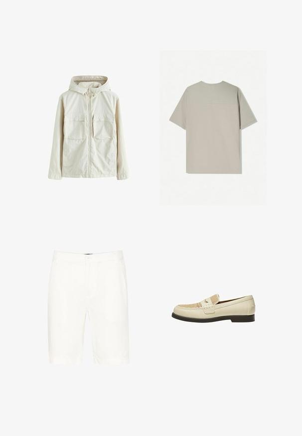 Vaaleanbeige vetoketjullinen takki hupulla, jossa on kaksi etutaskua, teksturoitu kangas ja joustavat hihansuut tiivistä istuvuutta varten.; Beige puuvillane t-särk lühikeste varrukatega. Omab lihtsat disaini ja ümmargust kaelust. Sile tekstuur, tagaküljel minimaalne õmblus.; Valkoiset puuvillashortsit, joissa on klassinen muotoilu: nappikiinnitys, vyölenkit ja suorat lahkeet reisien keskivaiheille saakka.; Beige nahka loaferit, joissa on kudottu yksityiskohta varpaassa ja litteä ruskea pohja. Edessä koristeellinen nauha.