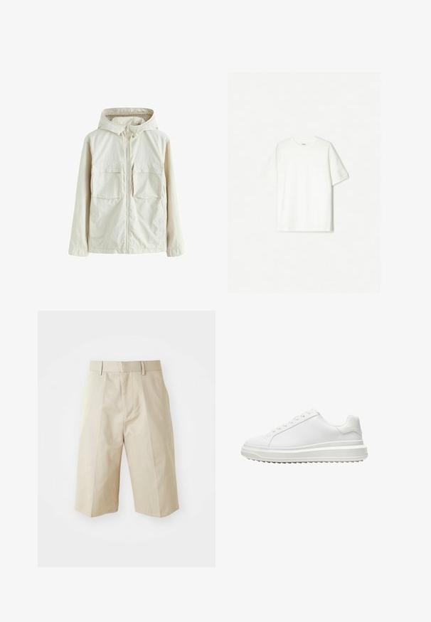 Giacca beige chiaro con zip e cappuccio, dotata di due tasche frontali, un tessuto textured e polsini elasticizzati per una vestibilità aderente.; T-shirt bianco a maniche corte, realizzato in cotone morbido. Design a girocollo con una vestibilità comoda e senza loghi o motivi visibili.; Pantaloni corti beige su misura con taglio dritto, dotati di passanti per cintura, frontale plissettato e una texture in cotone liscia. Senza tasche o dettagli aggiuntivi.; Sneaker bianco con una tomaia sintetica liscia, punta rotonda, lacci piatti, suola testurizzata e un design a piattaforma stratificata per un'altezza extra.