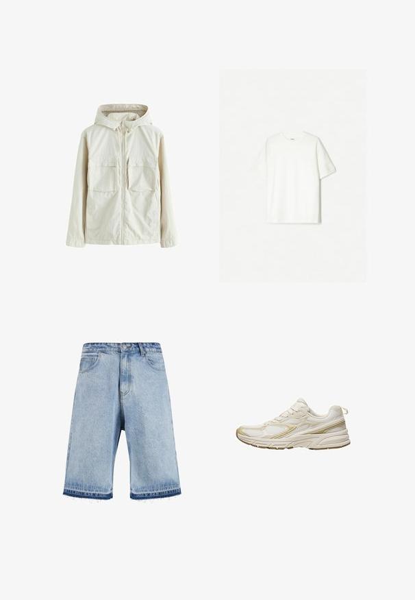 Svetlo bež jopič z zadrgo in kapuco, ki ima dva sprednja žepa, teksturiran material in elastične manšete za oprijet fit.; Bela kratka majica s kratkimi rokavi iz mehkega bombaža. Oblečen kroj s sproščenim prileganjem in brez vidnih logotipov ali vzorcev.; Svetlo modri jeans kratki hlač s frayed robom, z značilno pet-pocket zasnovo in sprednjim zapenjanjem na gumb. Rahlo bledena pranja.; Bele športne čevlje iz mrežastega in sintetičnega materiala, z zaobljenim prstom, oblazinjeno podplatom in bež poudarki na straneh.