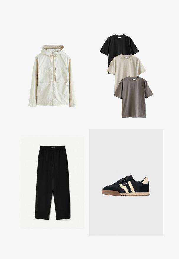Svetlo béžová bunda na zips s kapucňou, ktorá má dva predné vrecká, textúrovanú látku a elastické manžety pre príjemné nosenie.; Next HEAVYWEIGHT 3 PACK - Základné tričko - mushroom brown ecru; Čierne nohavice s širokými nohavicami vyrobené z ľahkej tkaniny. Majú elasticitu v páse a hladký povrch. Bez viditeľných vzorov alebo kovania.; Čierne semišové tenisky s béžovými akcentmi, s gumovou podrážkou, plochými šnúrkami a štýlovým pruhovaným vzorom na bokoch.