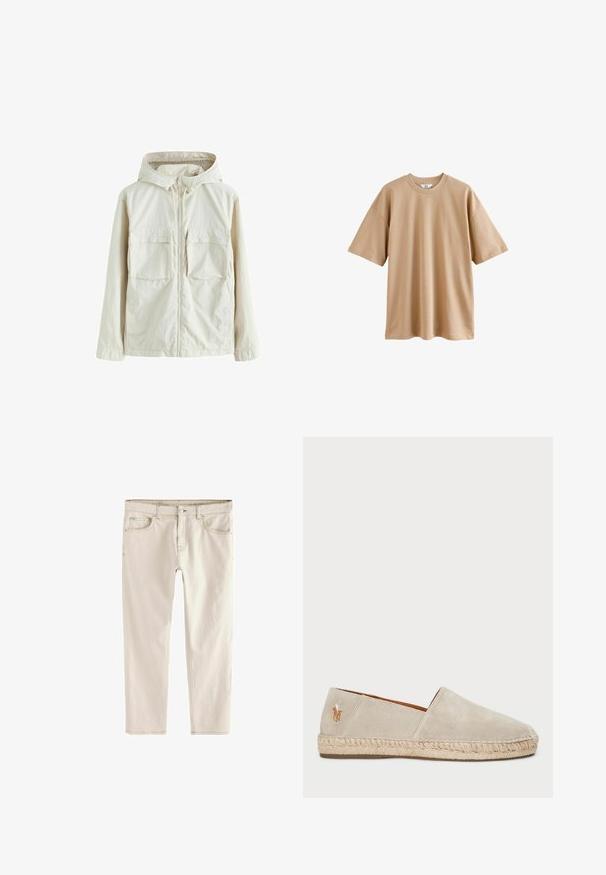 Šviesiai smėlio spalvos zip-up striukė su gobtuvu, turinti dvi priekinės kišenes, tekstūruota medžiaga ir elastiniai rankogaliai, užtikrinantys tvirtą prigludimą.; Šviesiai ruda trumpomis rankovėmis paminkštinta medvilninė marškinėliai su apvaliu kaklu ir laisvu kirpimu, pasižymintys lygiu paviršiumi ir be raštų ar akcentų.; Šviesiai smėliniai slim-fit džinsai su tiesiu kojų kirpimu, penkiomis kišenėmis, mygtuko ir užtrauktuko uždarymu, taip pat sustiprinta siuvimo linija.; Bežiniai zomšiniai espadriliai su džuto viršeliu, turintys tekstūruotą paviršių ir mažą siuvinėtą logotipą ant kulno.