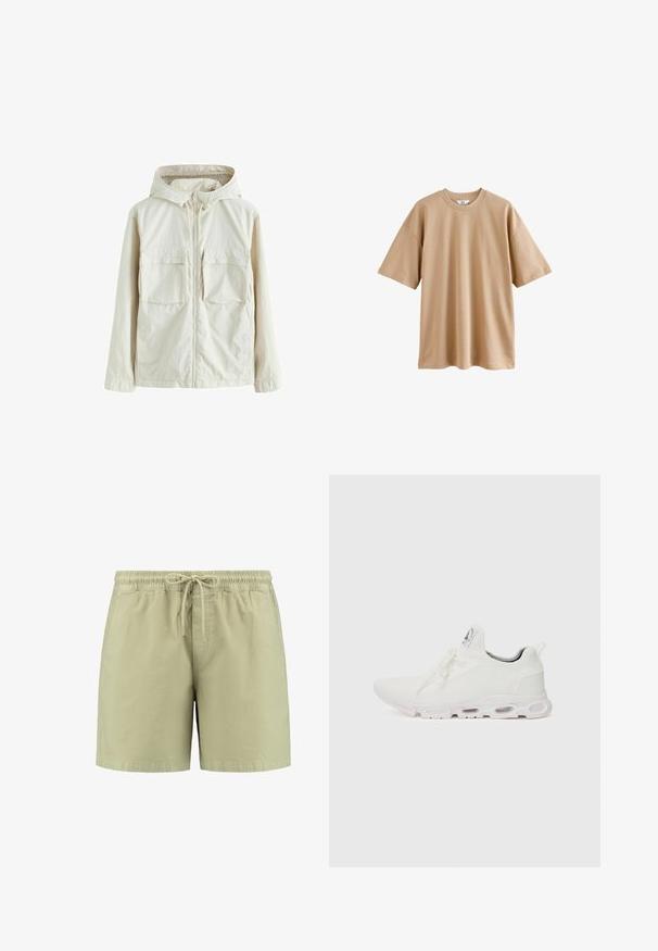 Jachetă crem deschis cu fermoar și glugă, având două buzunare frontale, un material texturat și manșete elastice pentru o potrivire confortabilă.; Tricou bej cu mânecă scurtă, fabricat din bumbac, cu guler rotund și croială lejeră, având o textură netedă și fără modele sau accente.; Shorts verzi deschisi, confecționați dintr-un material moale, având o talie elastică cu șnur, buzunare laterale și o croială lejeră.; Adidași albi cu un superior din țesătură texturată, șireturi plate și o talpă cu perne de aer vizibile pentru suport suplimentar.