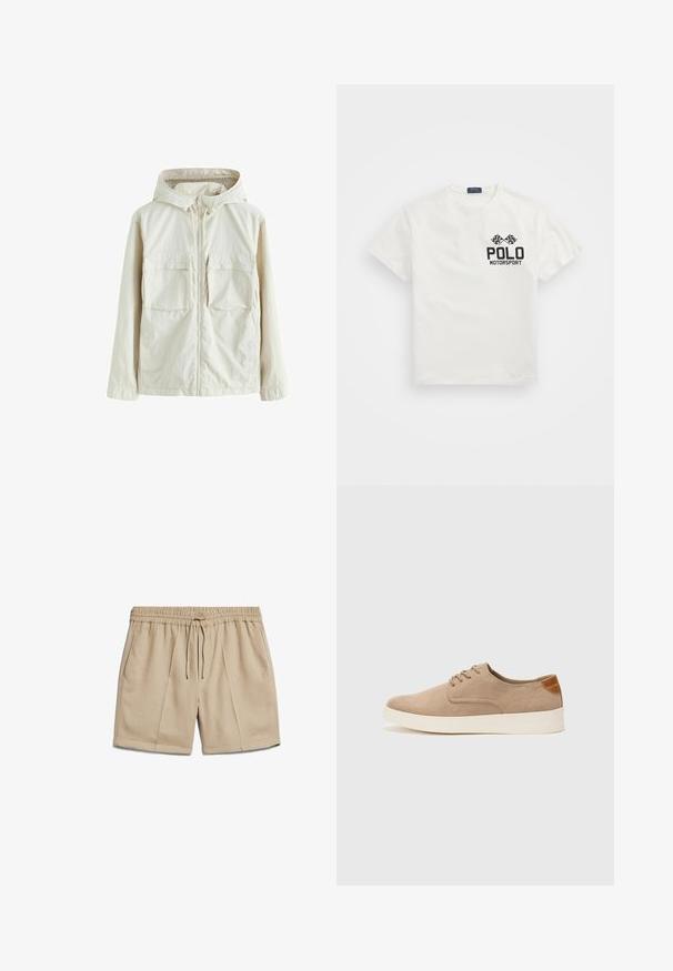 Veste zippée beige clair avec capuche, dotée de deux poches avant, d'un tissu texturé et de poignets élastiques pour un ajustement confortable.; T-shirt en coton blanc avec un col rond, arborant un logo noir "Polo Motorsport" et des drapeaux à damier croisés sur le côté gauche de la poitrine.; ARMEDANGELS JAACQUE - Short - sand stone; Baskets en daim beige avec un embout arrondi, un laçage sur le devant et un accent texturé à l'arrière. La semelle en caoutchouc blanche offre un contraste. Design simple et moderne.