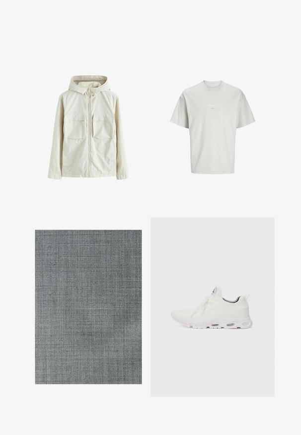 Svetlo bež jopič z zadrgo in kapuco, ki ima dva sprednja žepa, teksturiran material in elastične manšete za oprijet fit.; Svetlo siva majica kratkih rukava od mekog materijala. Ima okrugli izrez i mali natpis "ESS.WRD." otisnut na prednjem delu.; Sivovina z teksturirano, tkano vzorcem. Površina je gladka, z subtilnimi odtenki in fino mrežno strukturo.; Bela atletska obuća z značilnom pletenom gornjom stranom, ravnim vezicama i podlogom s jastučićem koja ima vidljive zračne komore za dodatnu potporu.