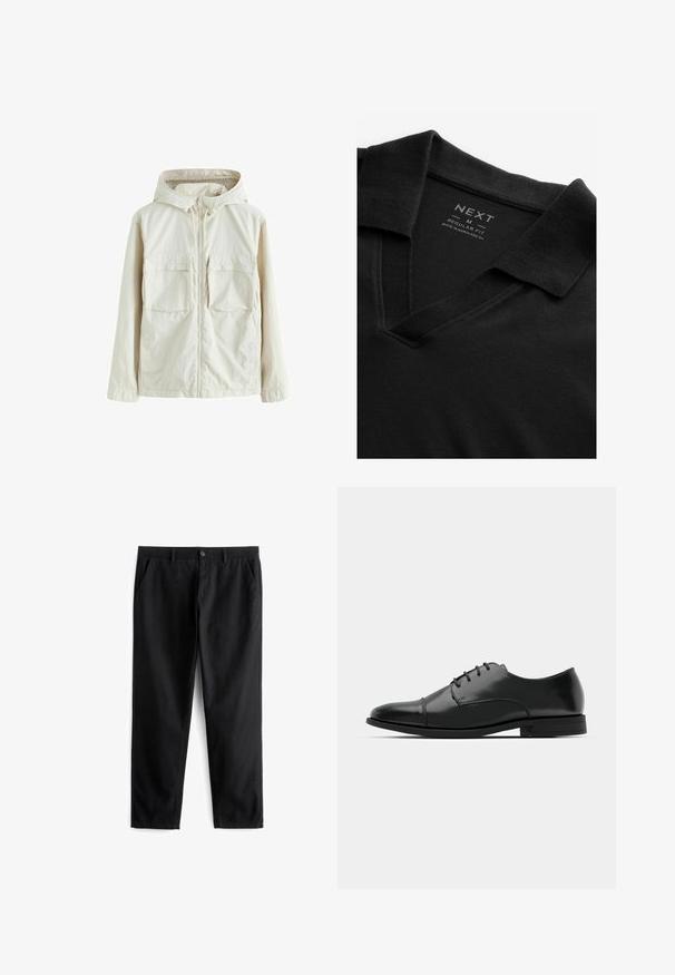 Šviesiai smėlio spalvos zip-up striukė su gobtuvu, turinti dvi priekinės kišenes, tekstūruota medžiaga ir elastiniai rankogaliai, užtikrinantys tvirtą prigludimą.; Juodas polo marškinėliai su V formos iškirpte ir tekstūruota medžiaga. Turintys nusilenkiantį apykaklę ir etiketę su prekės ženklu ir dydžio informacija. Įprasto kirpimo.; Juodi kelnės, pagamintos iš tvirtos medžiagos, su dviem priekinėmis kišenėmis, užsegimu mygtuku, lygia priekiu ir tiesiomis kojomis.; Juodas odinis džinsinis batų modelis su apvaliu galiuku, raišteliu ir subtiliomis siūlėmis, taip pat žemu kulnu. Lygus pavirčius su blizgiu apdaila.