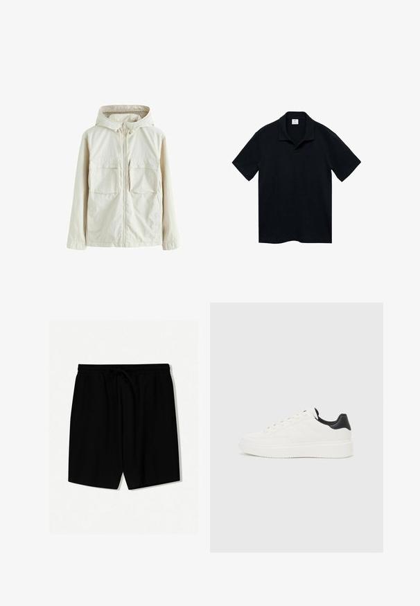 Svetlo bež jopič z zadrgo in kapuco, ki ima dva sprednja žepa, teksturiran material in elastične manšete za oprijet fit.; Mango Polo majica - royal blue; Črne kratke hlače iz lahkega materiala z elastičnim pasom in vrvico, sprednjimi gubami in dolžino nad koleni.; Beli usnjeni superge z embosiranim vzorcem, teksturiranimi belimi srednjimi podplati in črnim poudarkom na peti. Imajo zaobljen nos in ravne vezalke.
