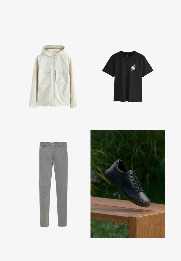 Vaaleanbeige vetoketjullinen takki hupulla, jossa on kaksi etutaskua, teksturoitu kangas ja joustavat hihansuut tiivistä istuvuutta varten.; Musta puuvillapaita, jossa on valkoinen kukkakuva vasemmassa rinnassa. Lyhyet hihat ja pyöreä kaula-aukko. Rentoa istuvuutta.; Harmaat farkut, joissa on slim fit -leikkaus, viisi taskua, vyölenkit ja yksi nappikiinnitys. Kangas on hieman kulunut, mikä antaa rentoa ilmettä.; Musta nahkakengät, joissa on sileä pinta, pyöreä kärki ja litteät nauhat, aseteltu puupinnan ylle, taustalla vihreää ruohoa.